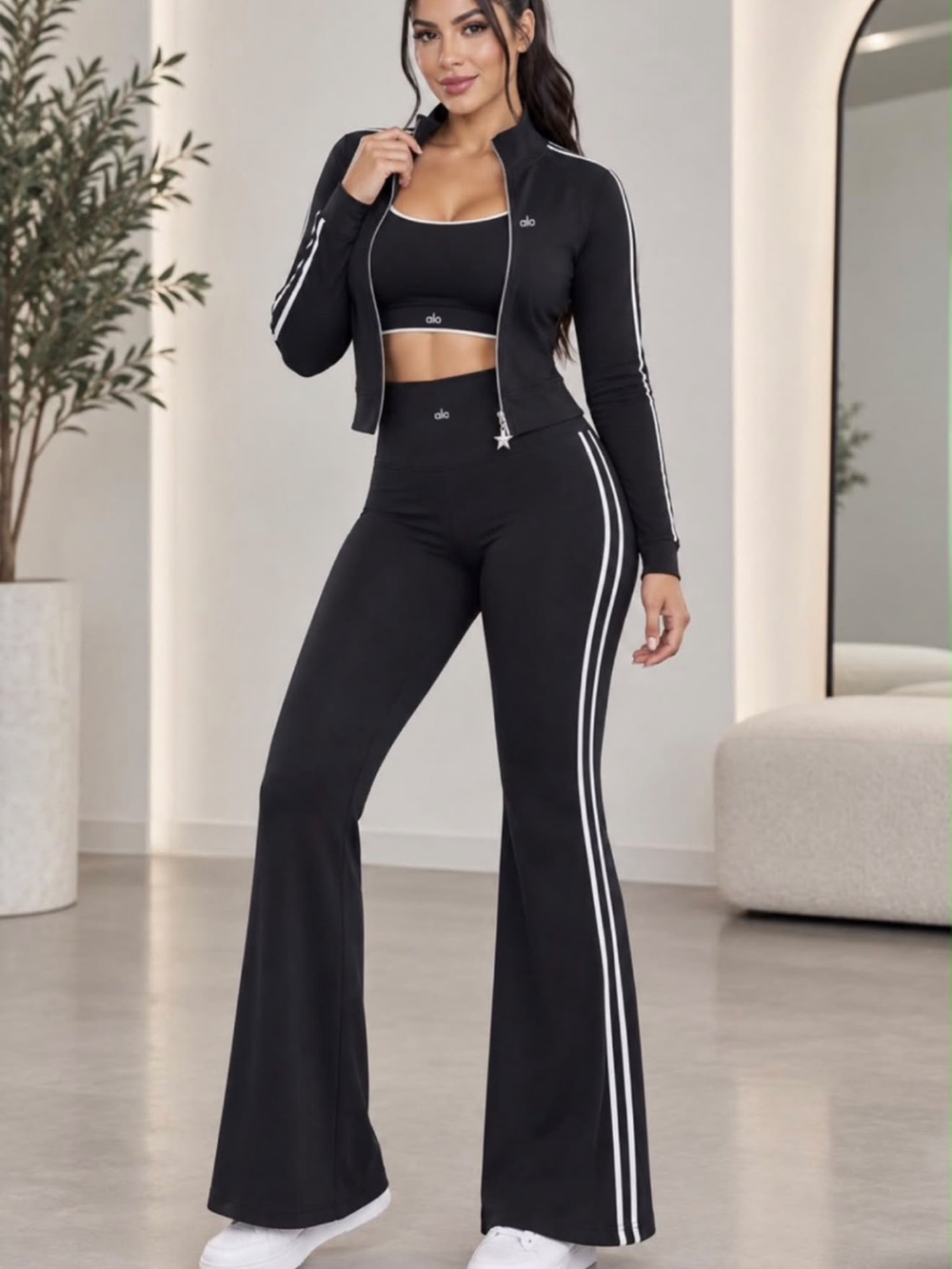 2 pc set Yoga Black High-Waist Flared Track Pants
